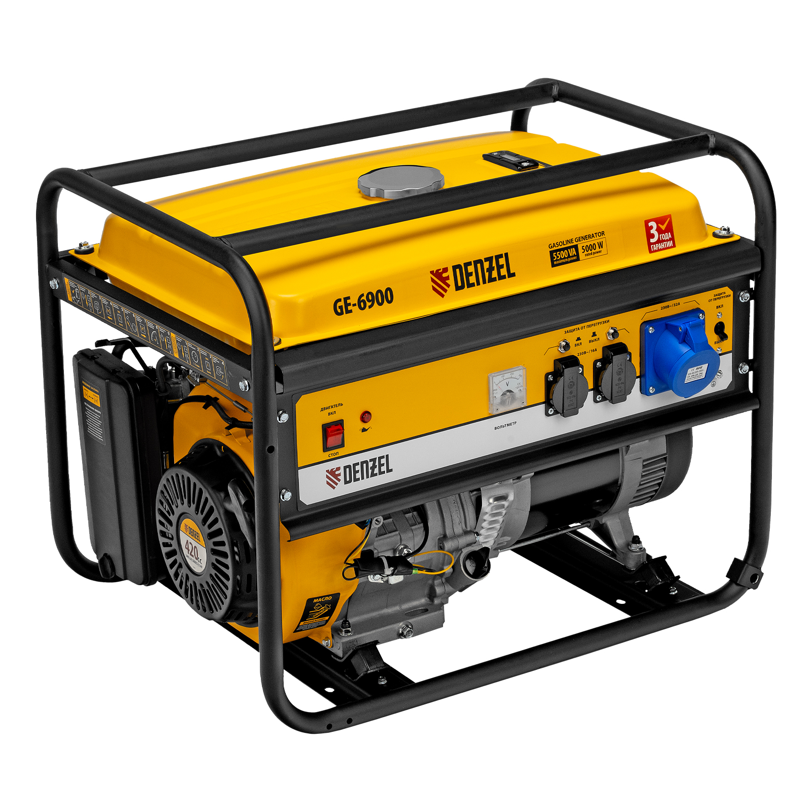 Генератор Denzel GE 6900 (5/5,5кВт 15лс 77кг ручной стартер)
