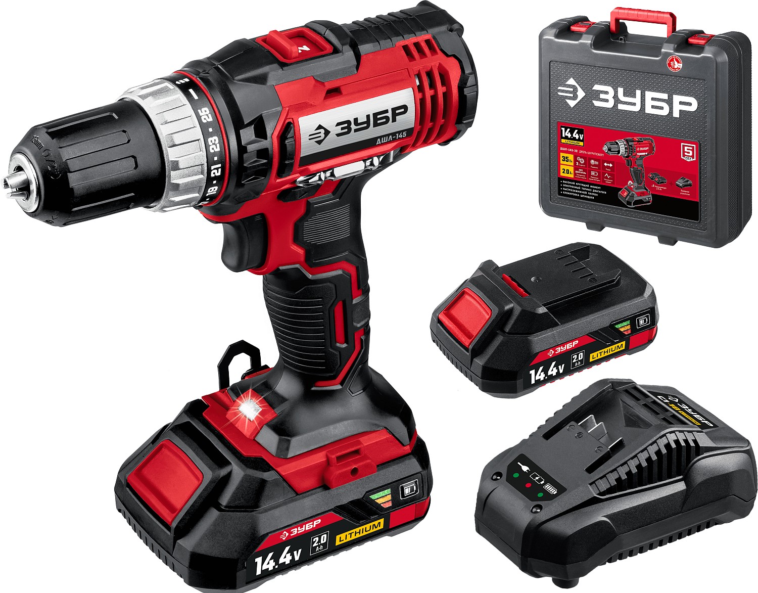 Шуруповерт аккумуляторный Зубр ДШЛ-145-22 (14,4В 2А/ч 35Н/м)