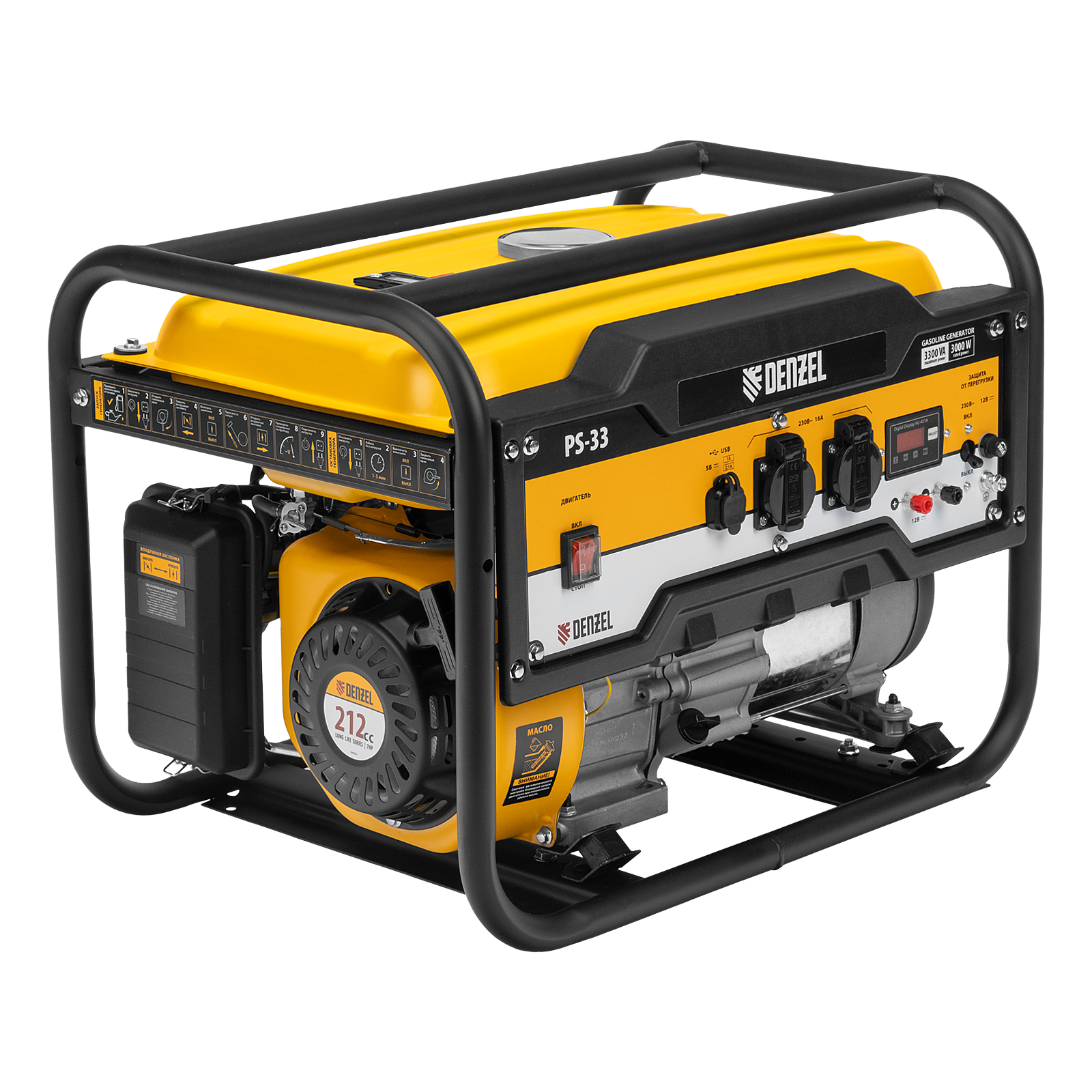 Генератор Denzel PS-33 (3/3,3кВт 7лс 41кг ручной стартер)