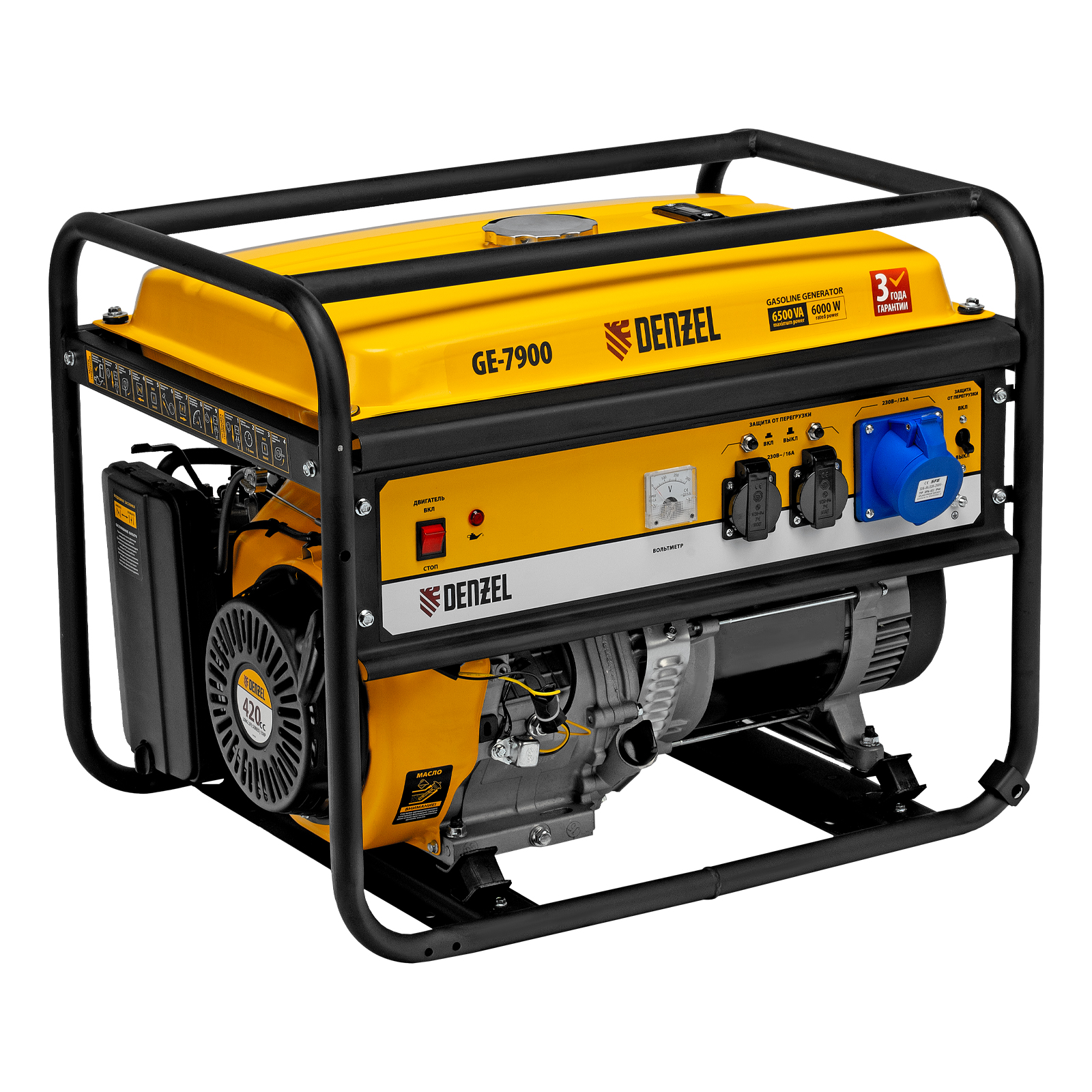 Генератор Denzel GE 7900 (6/6,5кВт 15лс 74кг ручной стартер)